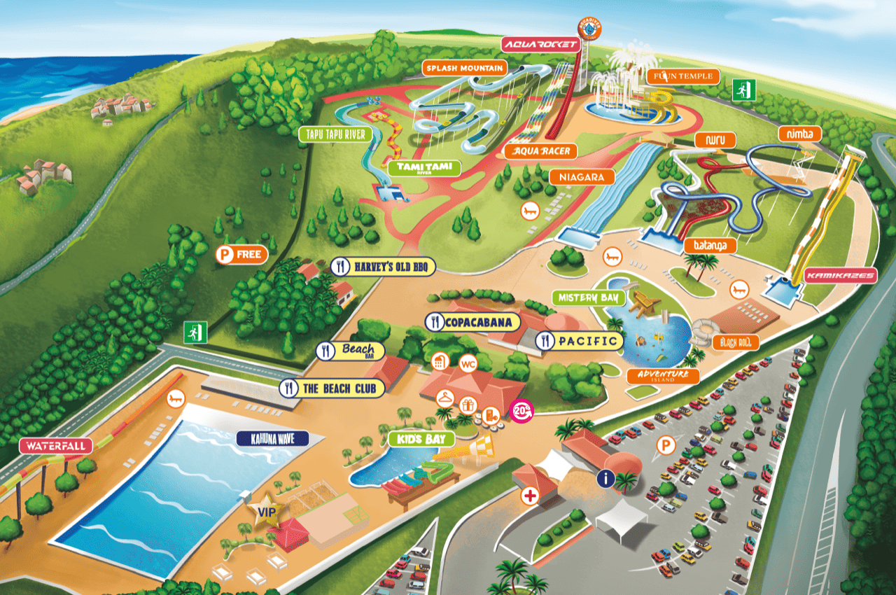 Mapa interactiu de Aquadiver amb atraccions, restaurants i serveis del parc aquàtic.